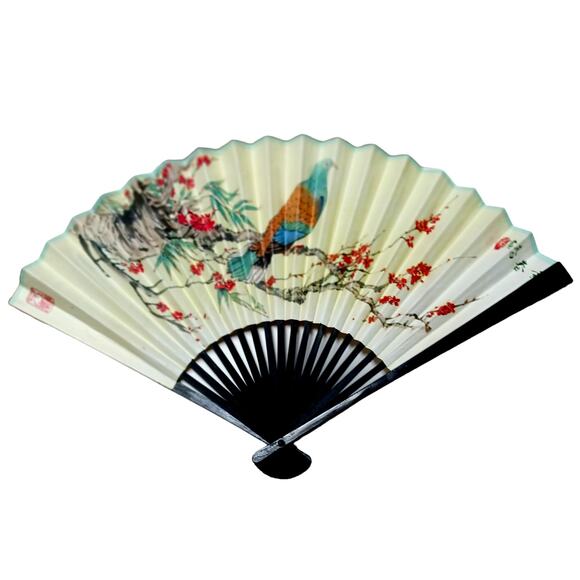 Chinese Folding Hand Fan Dove Floral CAAC VTG Decor 🕊️🌸 - Picture 3 of 16